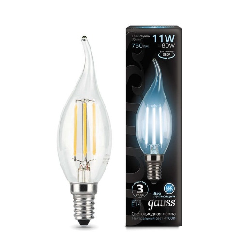Лампа светодиодная филаментная Black Filament 11Вт свеча на ветру 4100К E14 | Код. 104801211 | Gauss